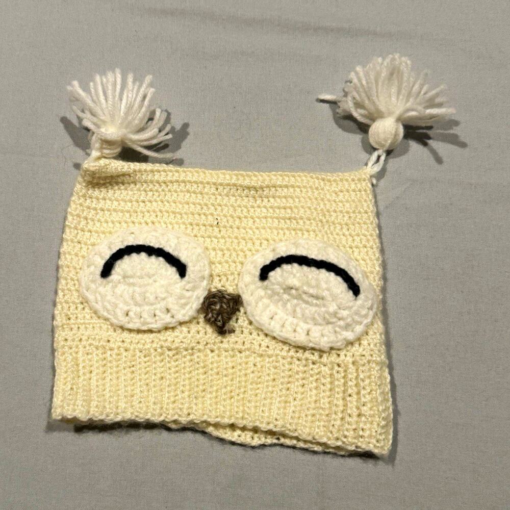 White Crochet Yarn Owl Beanie Hat w/ Tassels, Unisex Kids One Size